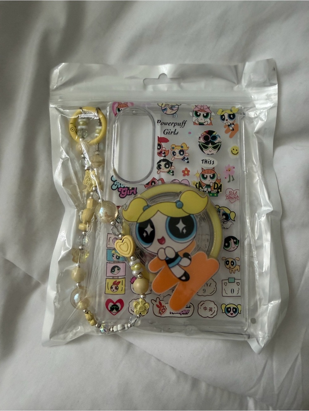Clear Yellow Cartoon Bubble Phone Case with Beaded Strap